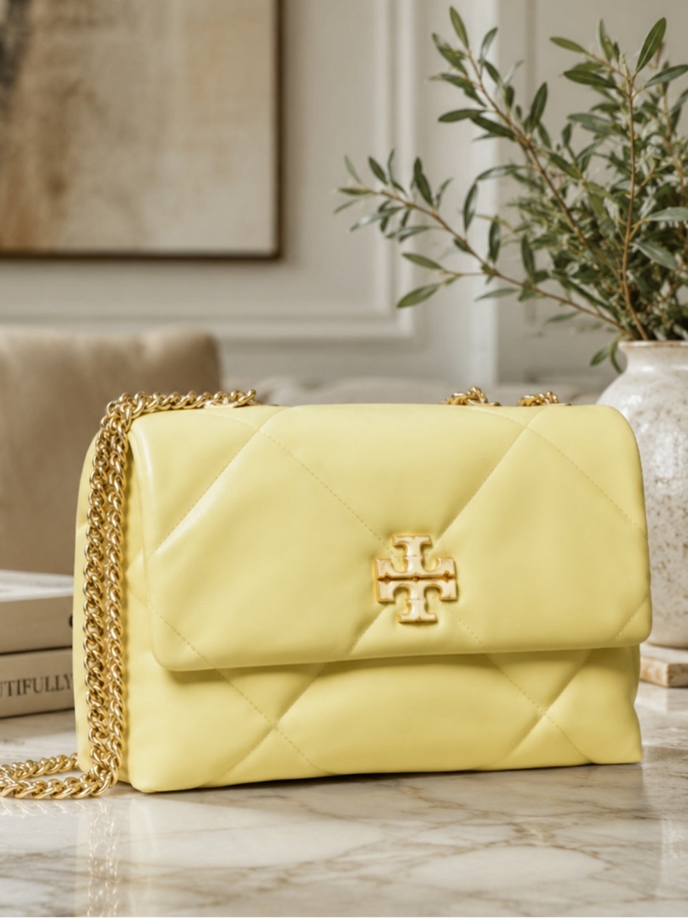 Tory Burch Small Kira Diamond Quilt Shoulder Bag Pale Yellow Frozen Zest NWOT - Picture 2 of 14